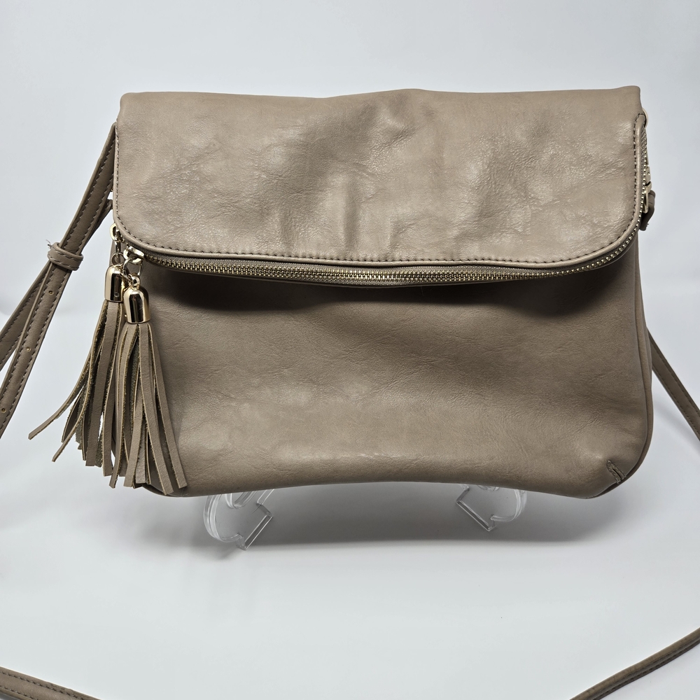 Taupe Faux Leather Crossbody Bag | Tassel Detail | Animal Print Lining